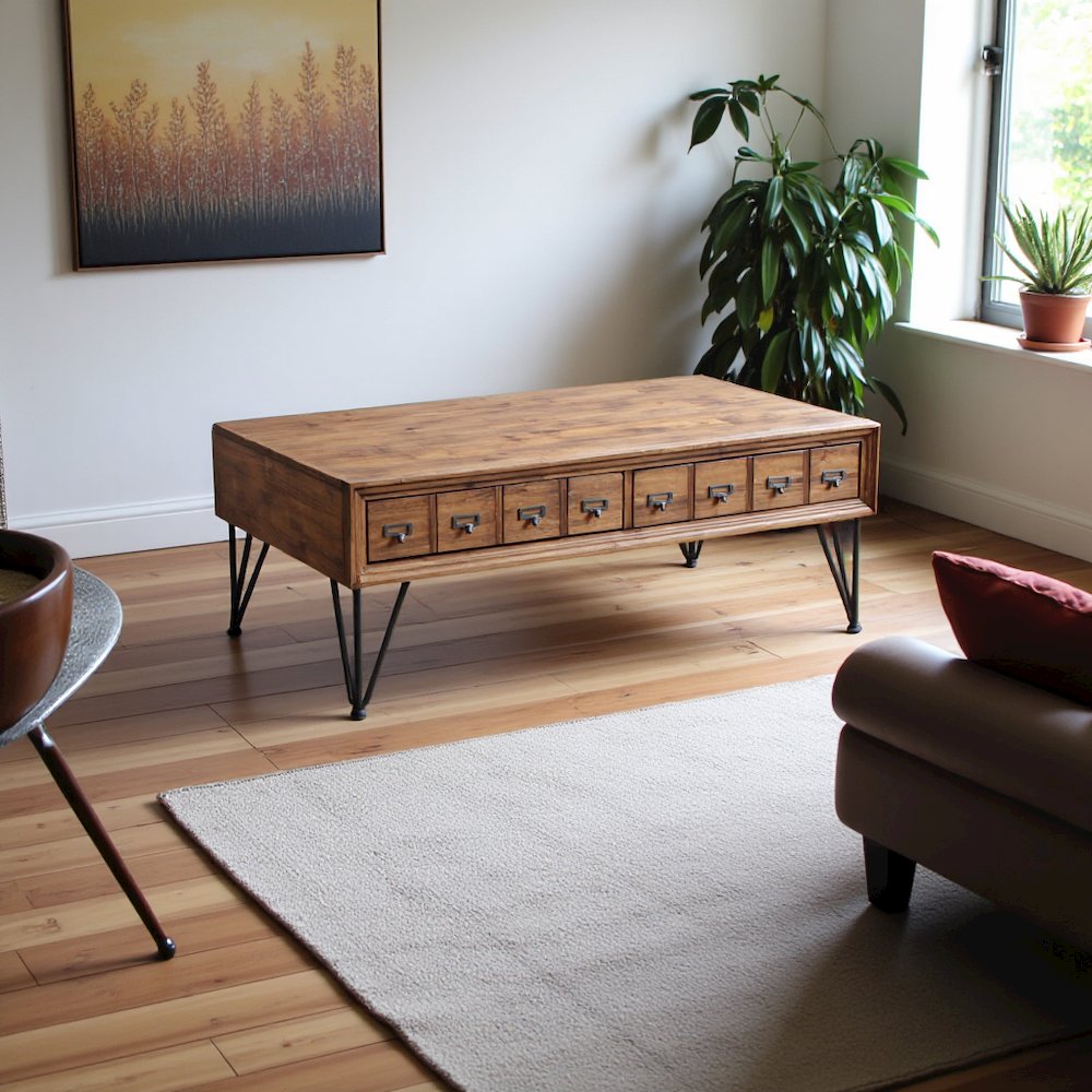 Brown Acacia Wood Coffee Table with Storage