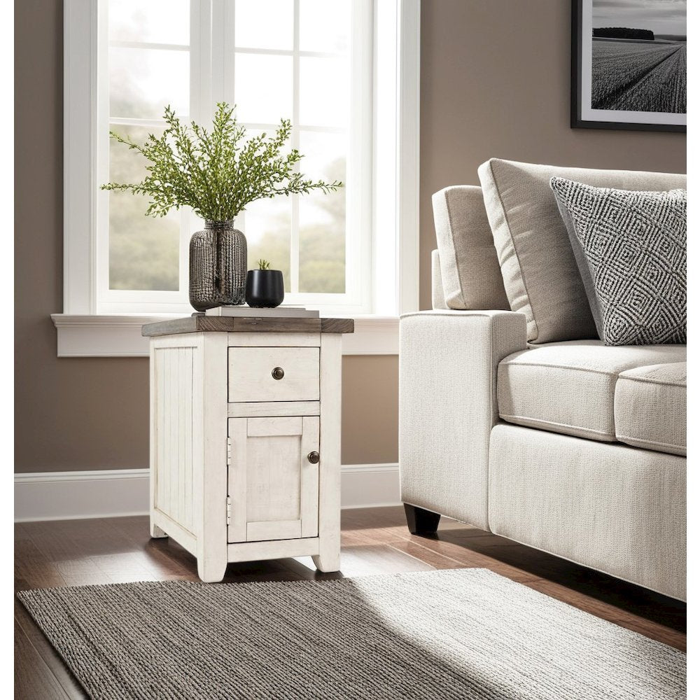 White Rustic Farmhouse Chairside Table with Reclaimed Pine Wood Construction