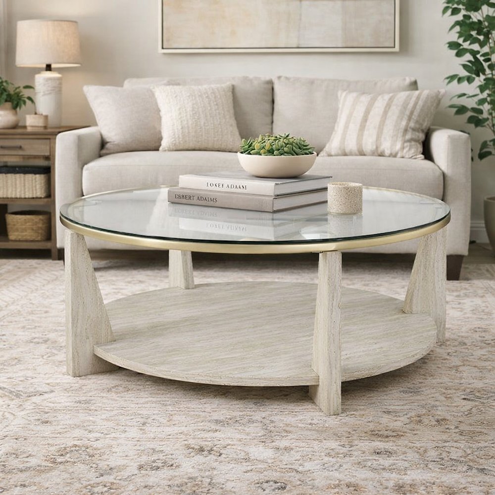 Brown Round Coffee Table with Tempered Glass Top and Casters Engineered Wood