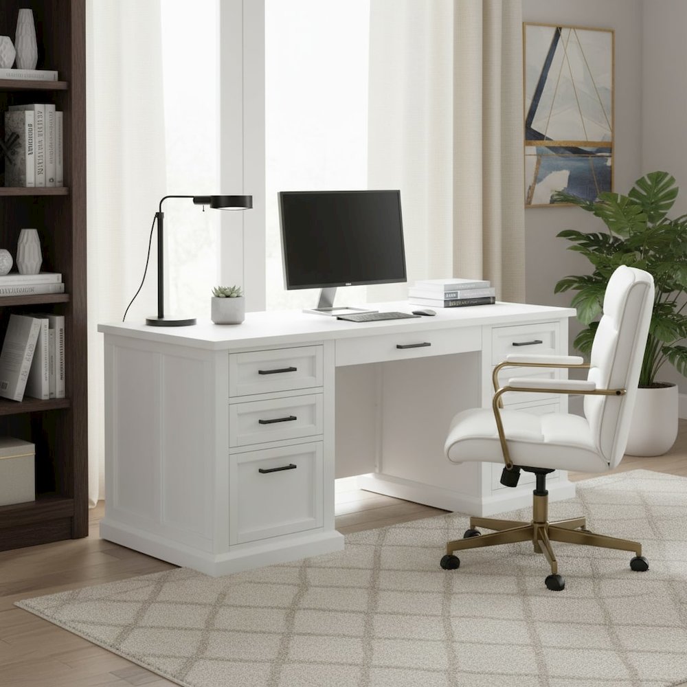Wood Double Pedestal Executive Desk, 7 Drawers, 2 Locking Files, White