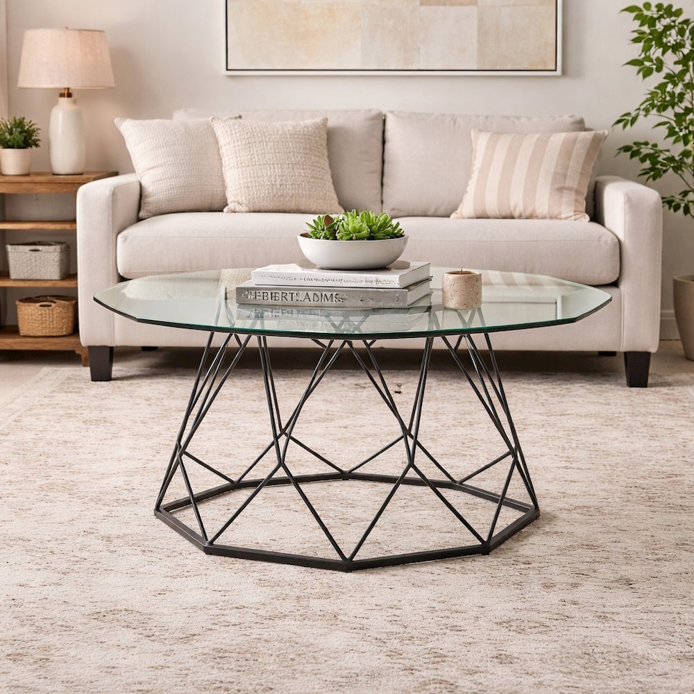 Black Steel Coffee Table with Tempered Glass Top and Modern Style