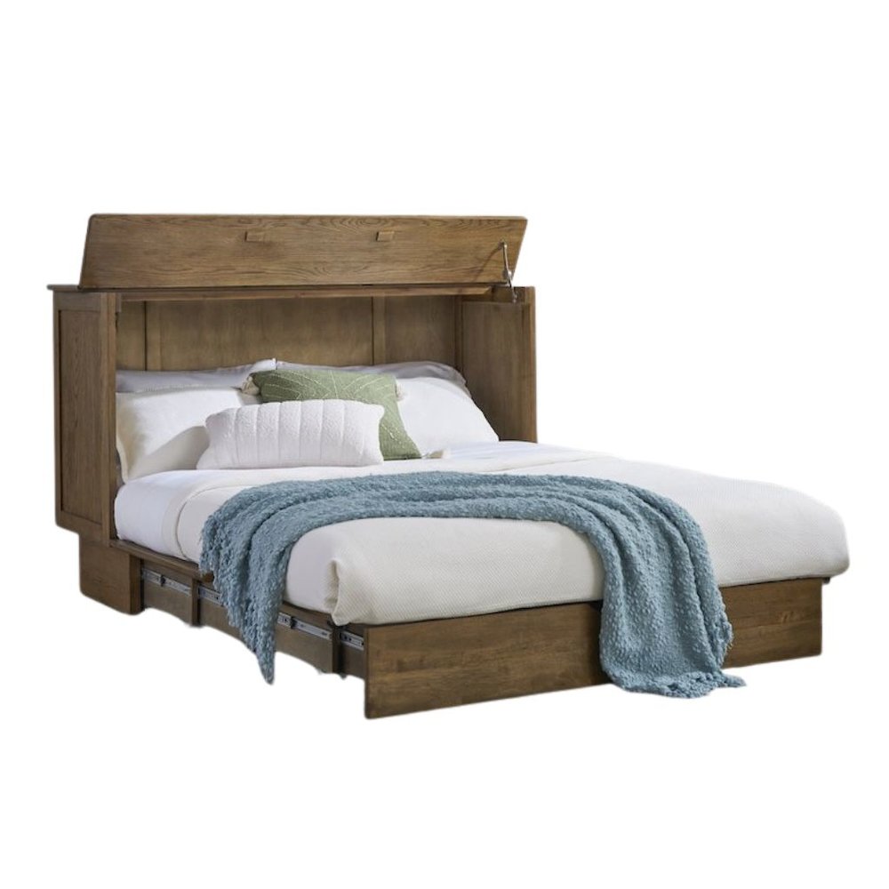 Queen Flip-Top Cabinet Bed in Warm Brown with Reeded Wood Design, Metal Glides