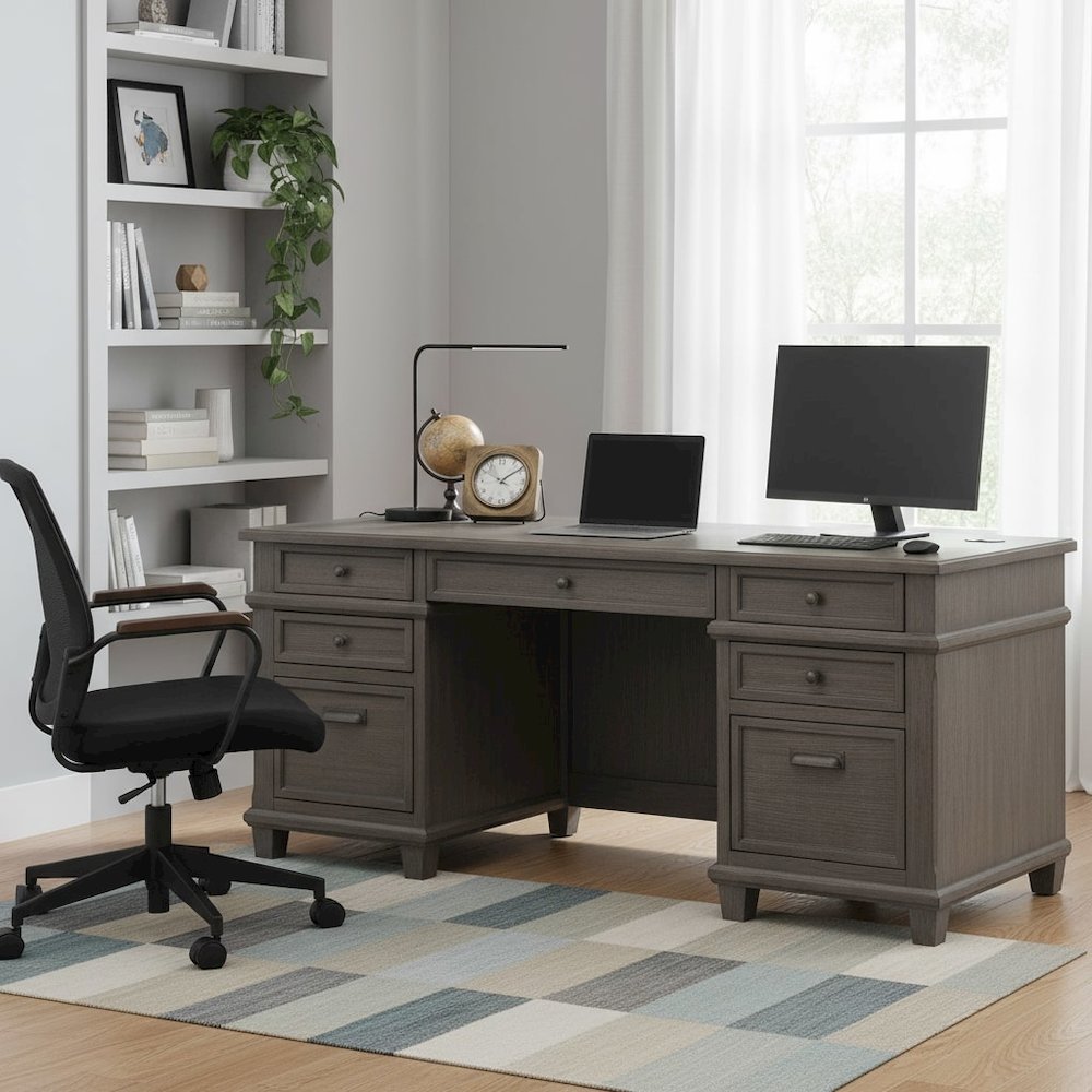 Wood Double Pedestal Executive Desk, 7 Drawers, 2 File Drawers, Gray