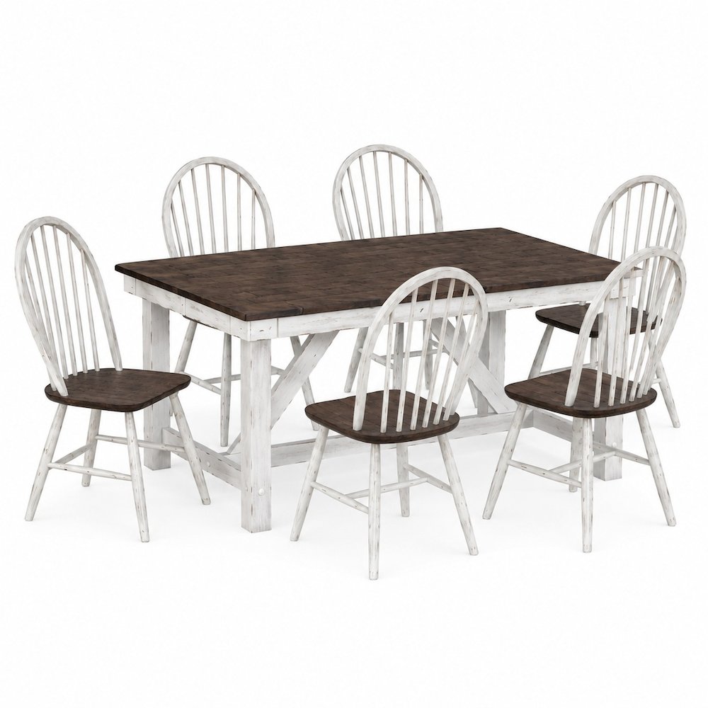 Farmhouse Optional 7 Piece Trestle Table Set in Two Tone White w/ Wood Tone Top