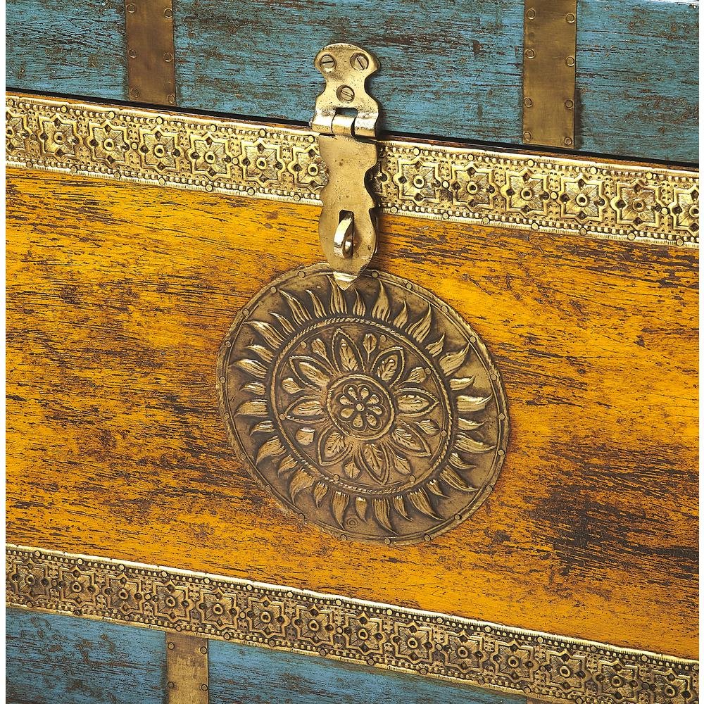 Multicolor Hand-Painted Wooden Storage Trunk Coffee Table with Brass Inlay