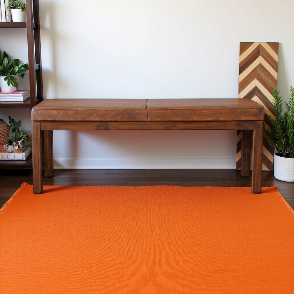 Beige Leather Entryway Bench with Lines, Ideal Bedroom & Dining Bench