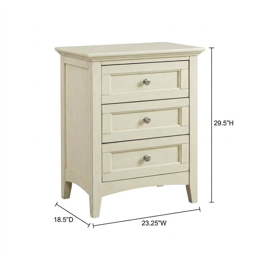 White Linen Nightstand, Brushed Nickel Hardware, Solid Rubberwood Construction