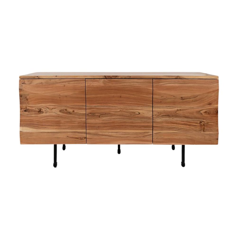 Brown Acacia Three-Door Accent Cabinet with Metal Base for Living Room Storage