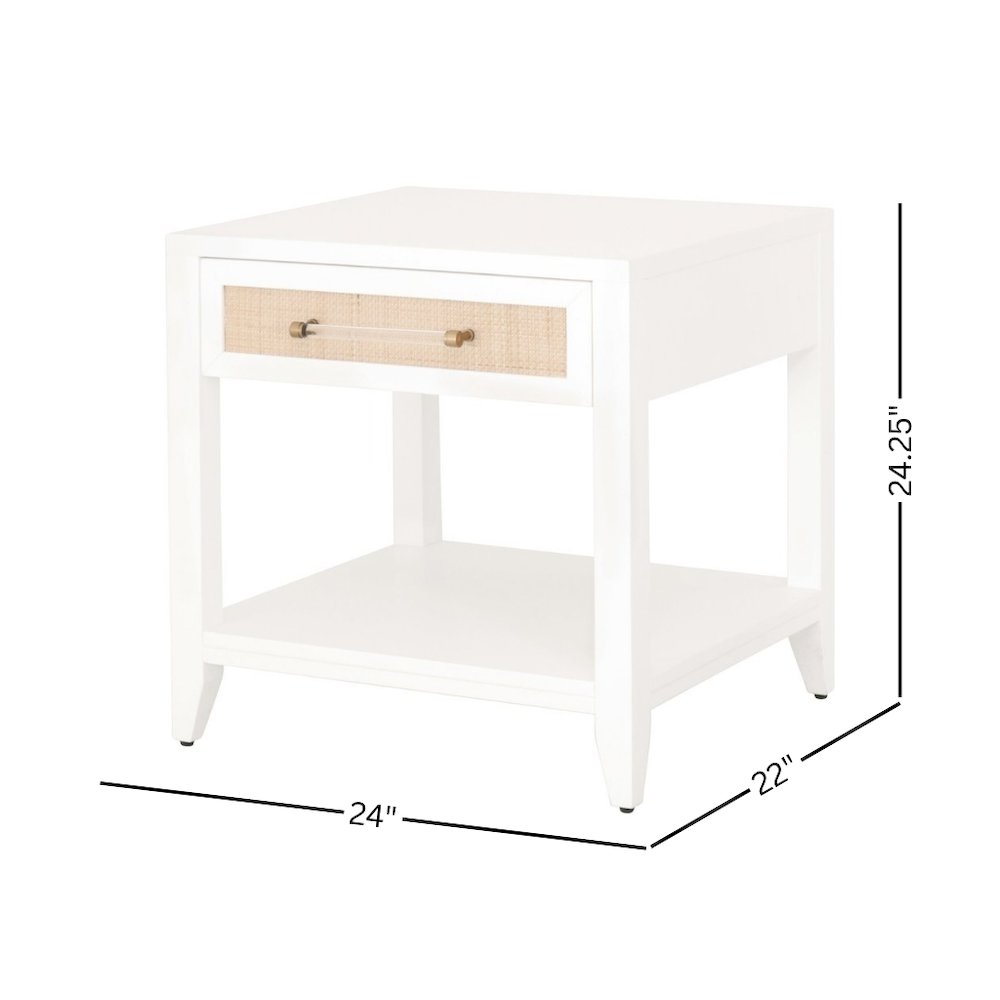 White Side Table with Drawer, Natural Rattan Inlay, Brass Hardware