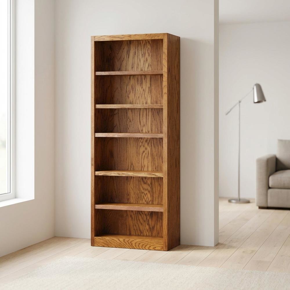 Dry Oak Finish Single Wide Bookcase with 6 Shelves and Sturdy Construction