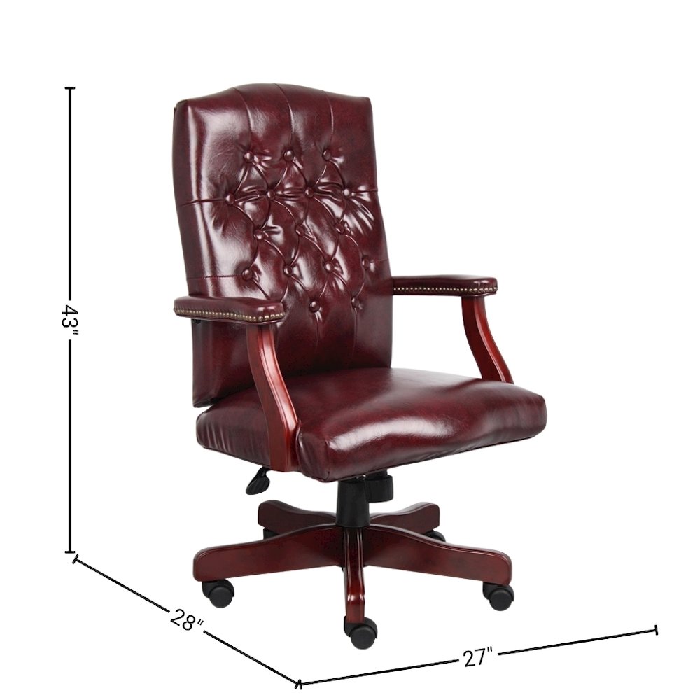 Tufted Executive Desk Chair in Burgundy Faux Leather With Mahogany Base