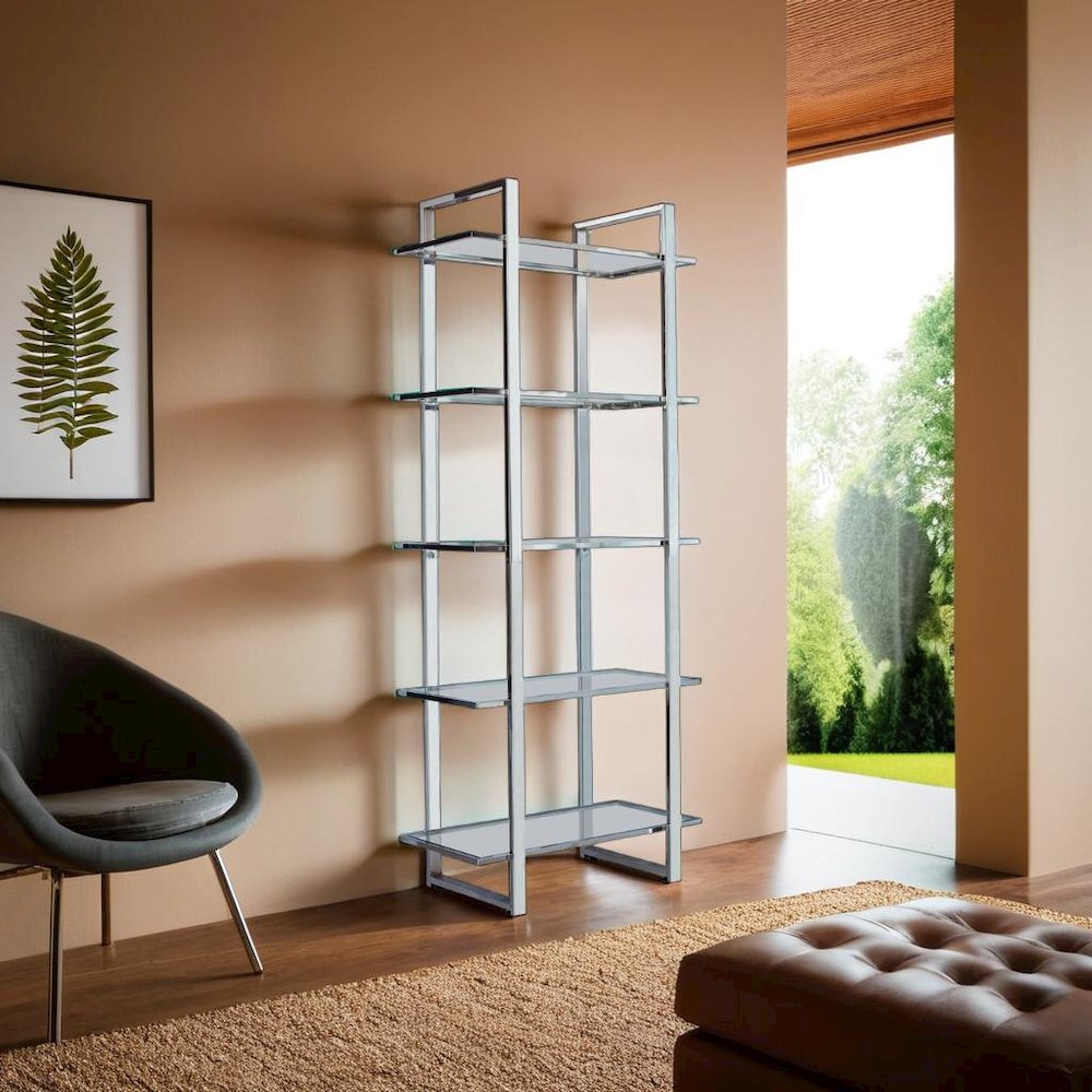 Sleek Five-Tier Bookcase with Glass Shelves and Polished Chrome Frame