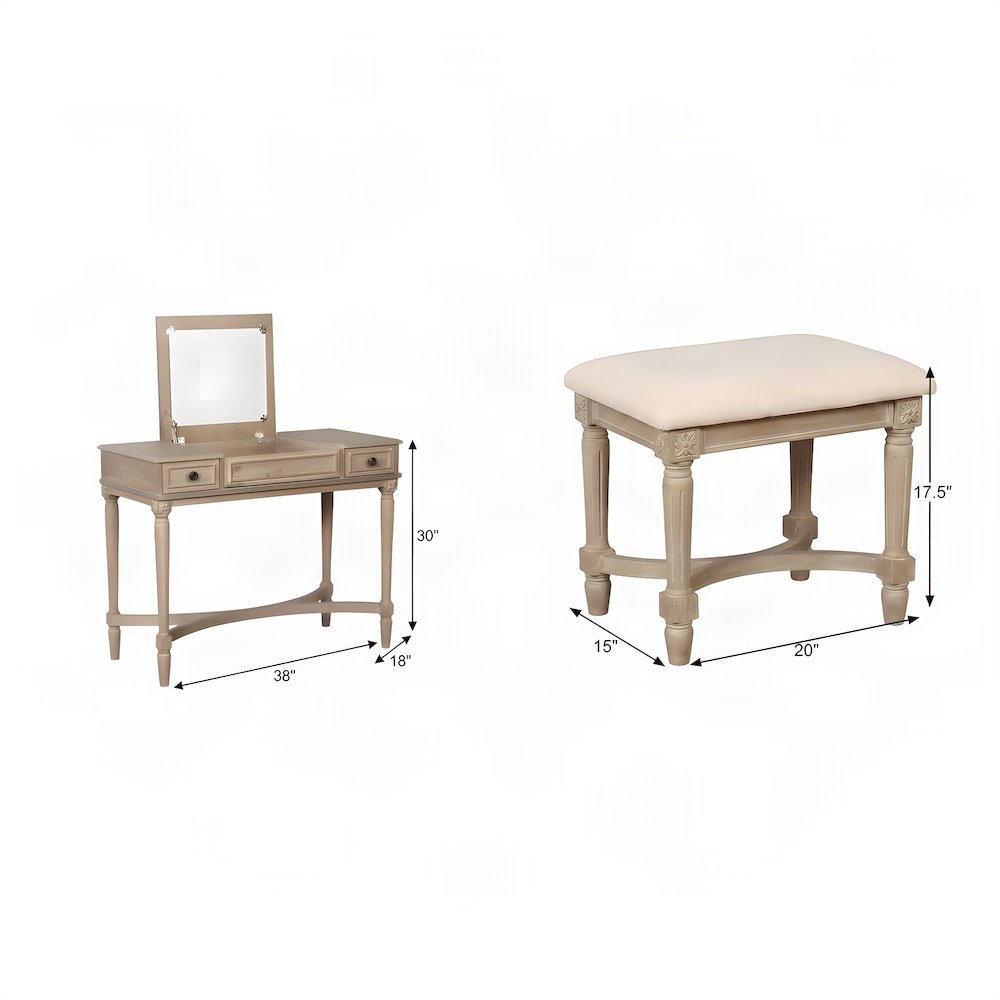 Rubberwood Bedroom Vanity with Lift-Top Storage and Padded Stool, Gray Wash