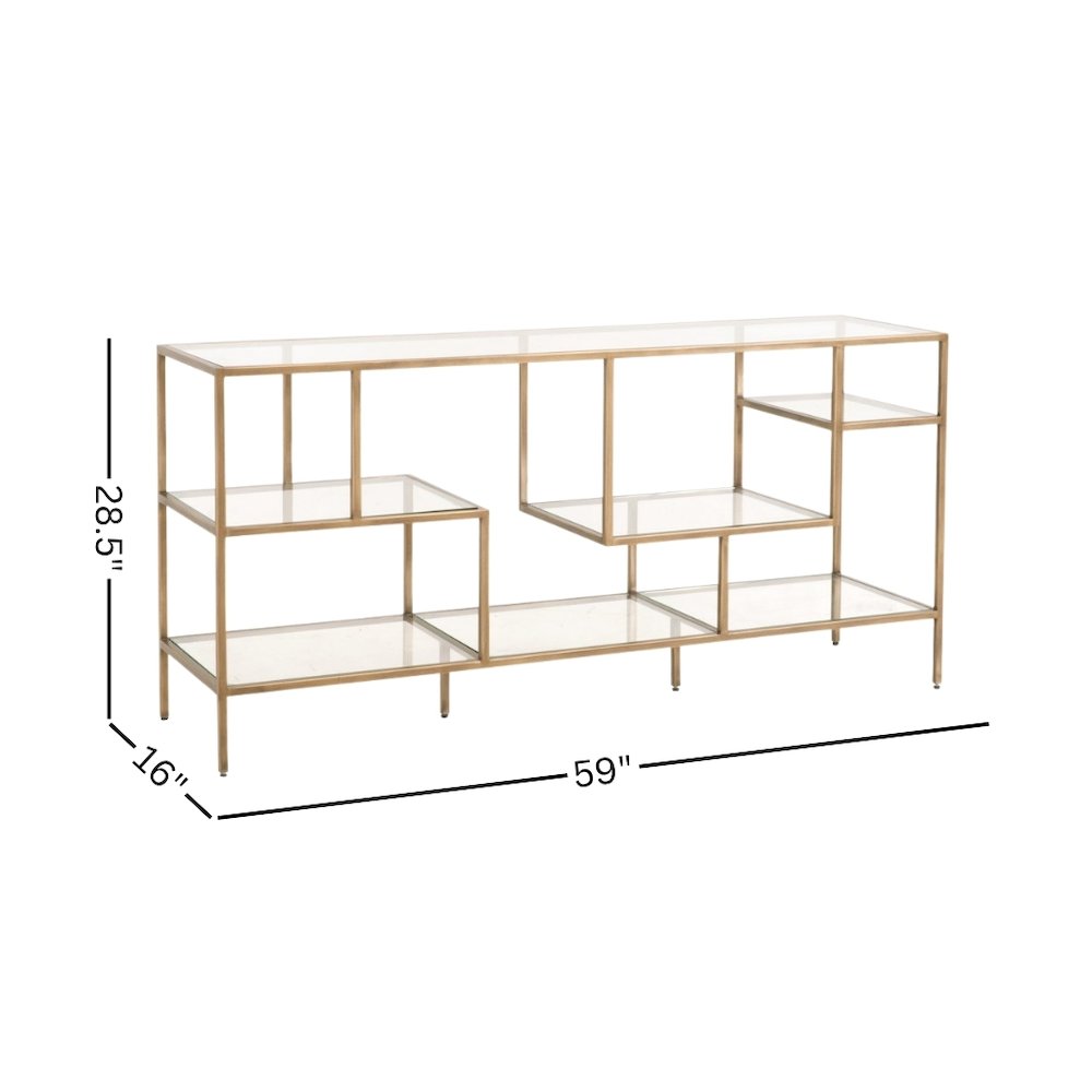 Brown Low Bookcase, Metal Shelving, Tempered Glass, Geometric Design