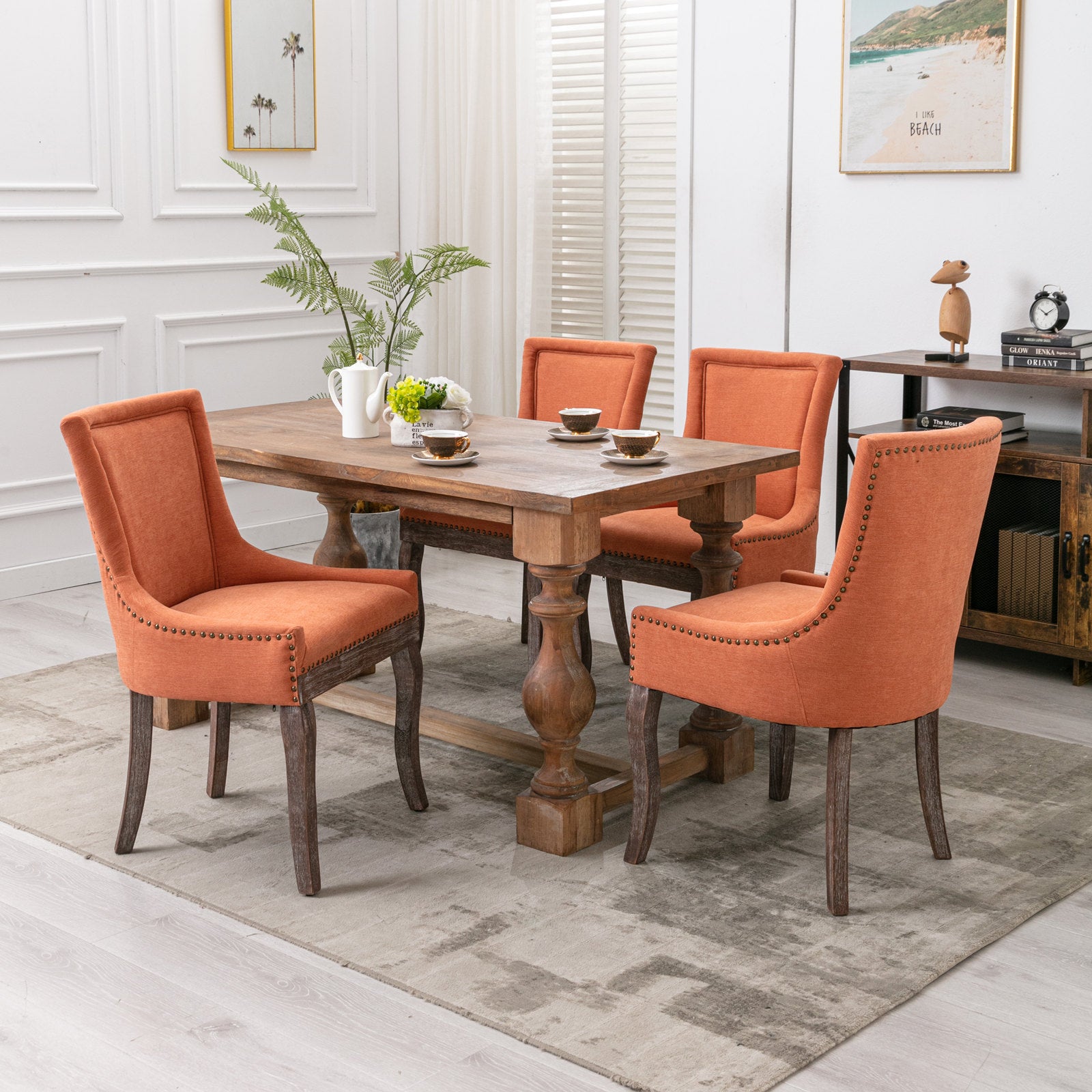 A&A Furniture,Ultra Side Dining Chair，Thickened fabric chairs with neutrally toned solid wood legs， Bronze nail head，Set of 2，Orange