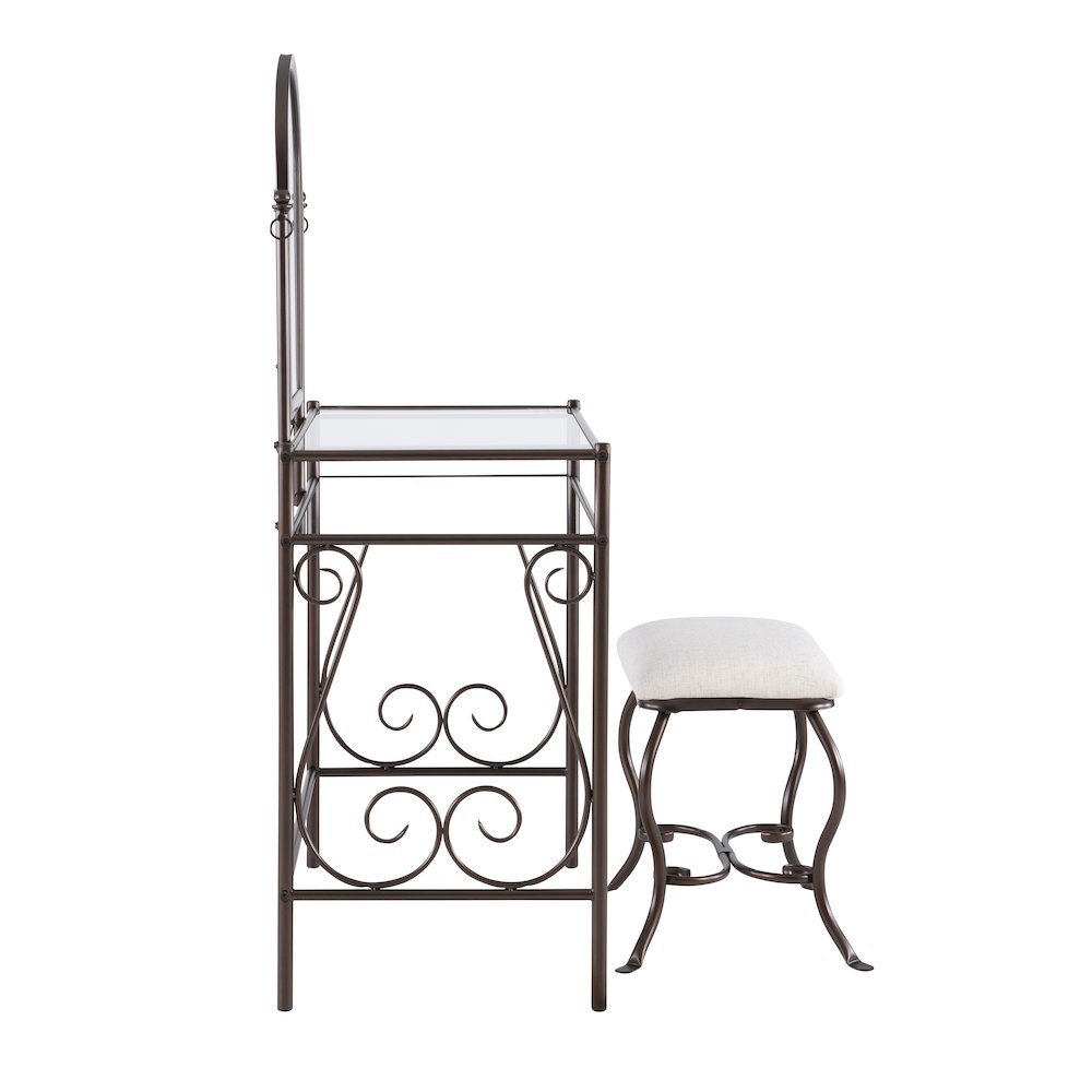 Metal Vanity Set with Glass Top, Mirrored Shelf and Upholstered Bench