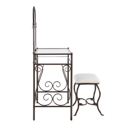Metal Vanity Set with Glass Top, Mirrored Shelf and Upholstered Bench