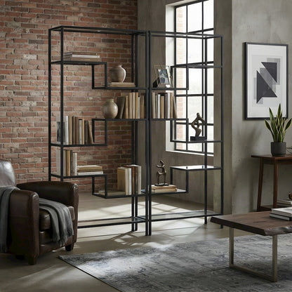 Steel Etagere Set with Tempered Glass Shelves, Matte Black, Set of 2