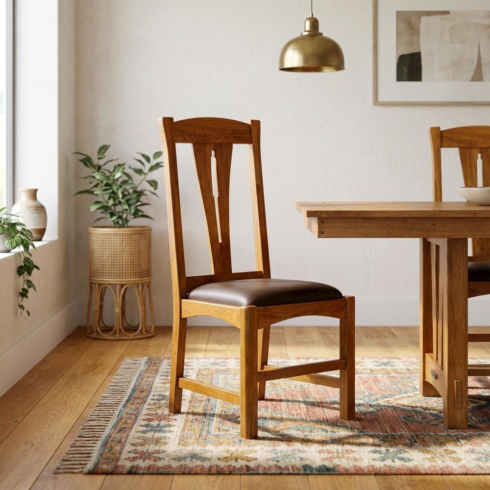 Set of 2 distressed amber wood side chairs with top grain leather seats