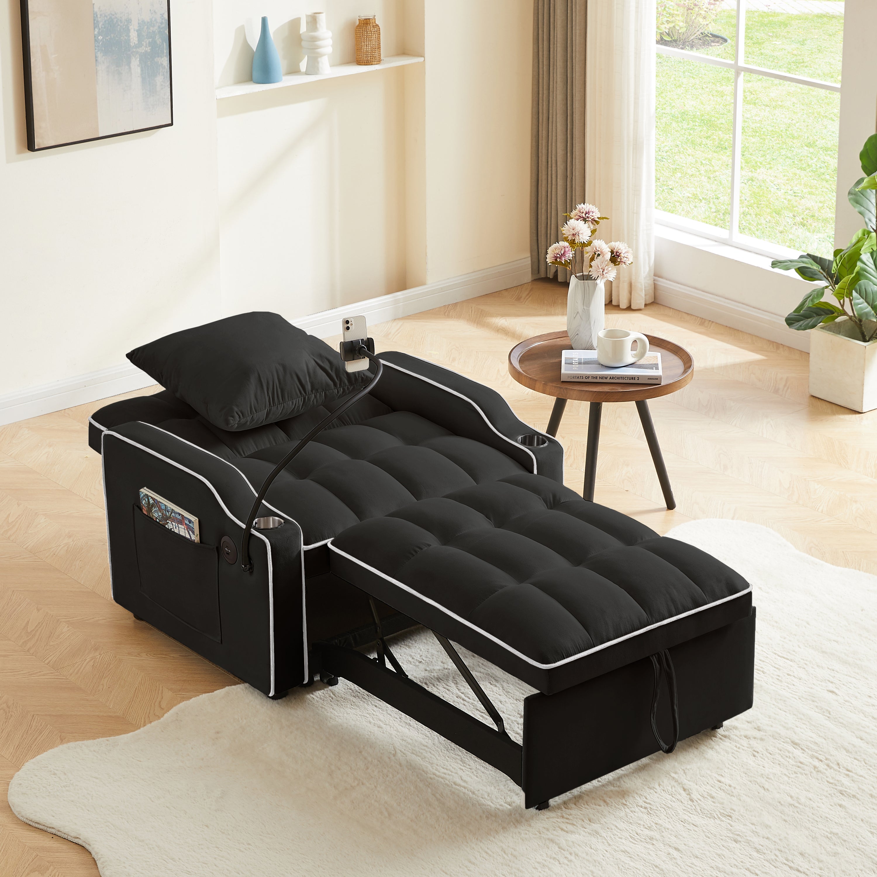 3-in-1 Sofa Bed, Convertible Sleeper Chair Sofa Bed Adjustable Pull Out Sleeper Chair Bed Multi-Pockets Folding Sofa Bed for Living Room Bedroom Small Space (Black)