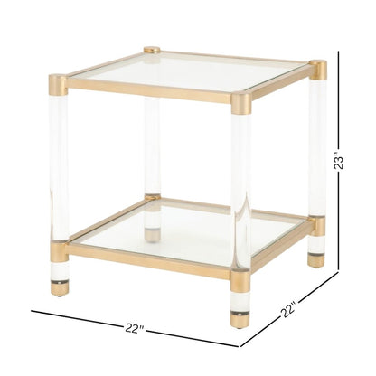 Gold End Table, Tempered Glass Top, Metal Frame, Acrylic Legs