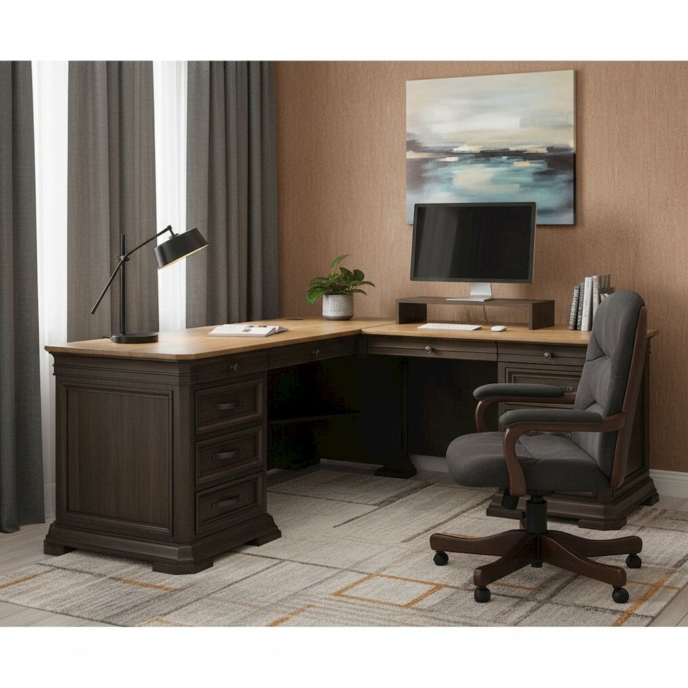 L-Desk & Return, 4 Drawers, 2 Files, Wire Management, Brown