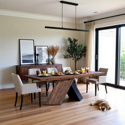 Brown Walnut Wood Dining Table, Rectangle with Iron Legs