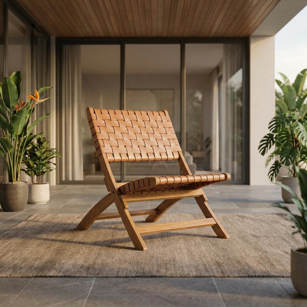 Brown lounge chair with modern design and solid acacia wood frame