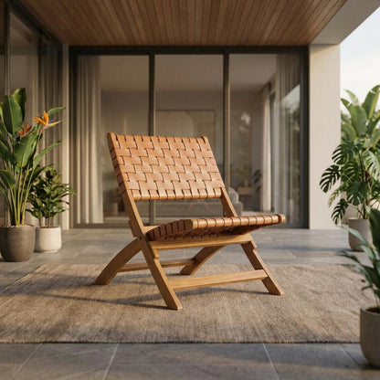 Brown lounge chair with modern design and solid acacia wood frame