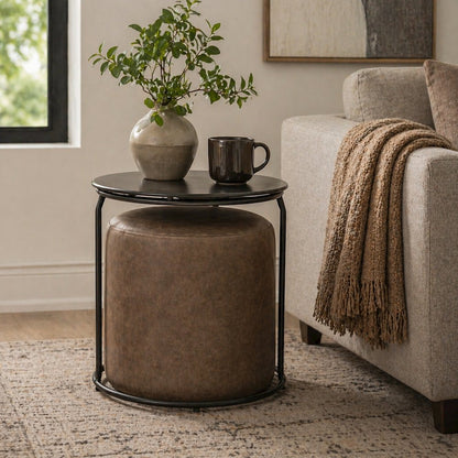 Modern black and grey nesting table and ottoman set with glass and metal accents