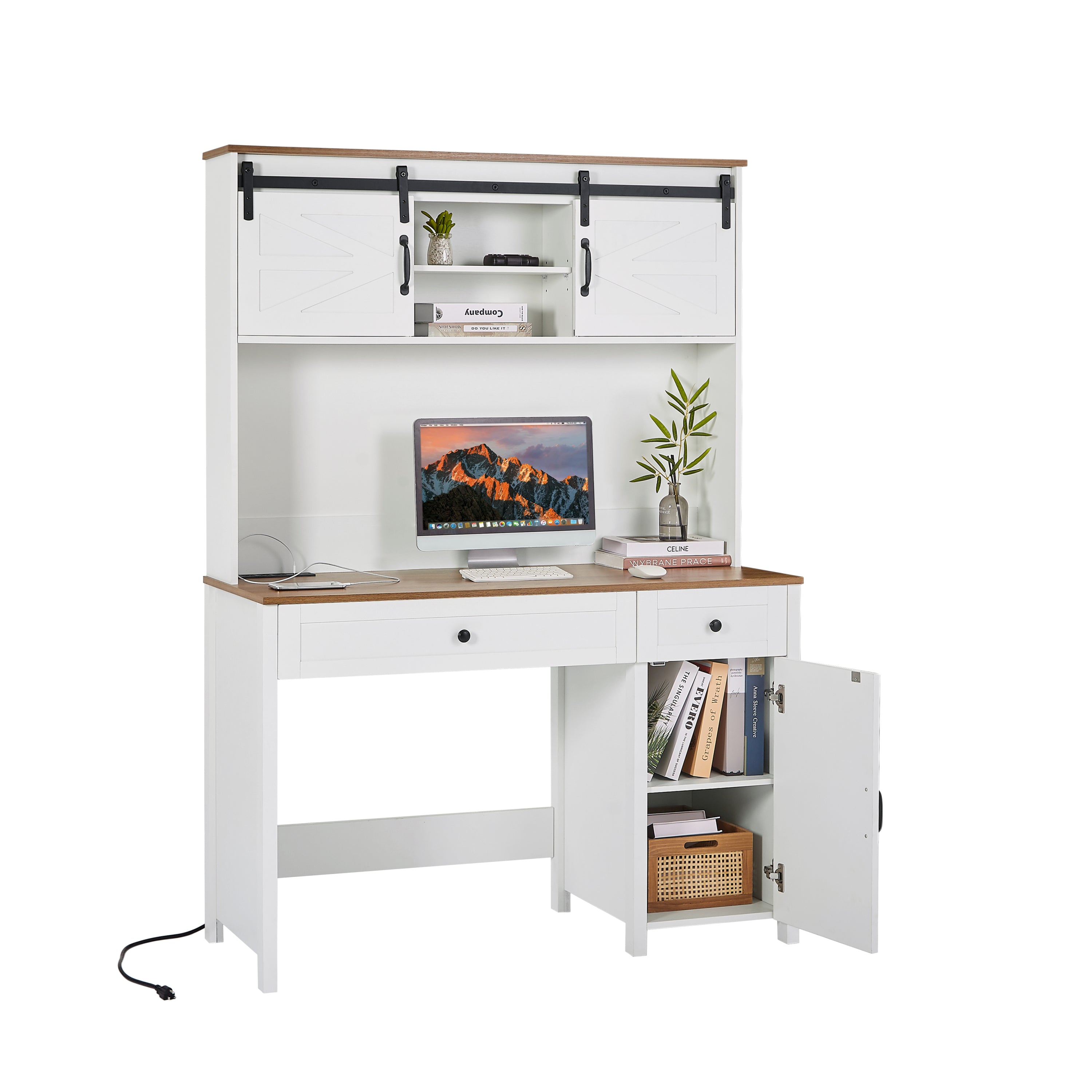 52" Farmhouse Executive Desk with Drawers, Wood Home Office Desk w/Charging Station, File Drawer, Storage Cabinet, Rustic Computer Writing Desk (Antique White)