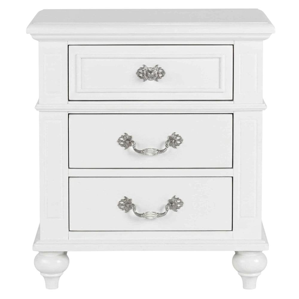 Elegant White Nightstand with Three Drawers for Bedroom Storage