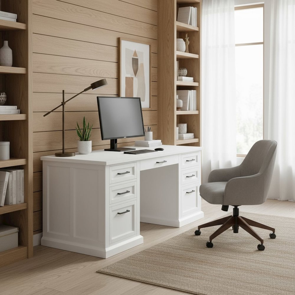 Wood Double Pedestal Executive Desk, 7 Drawers, 2 Locking Files, White