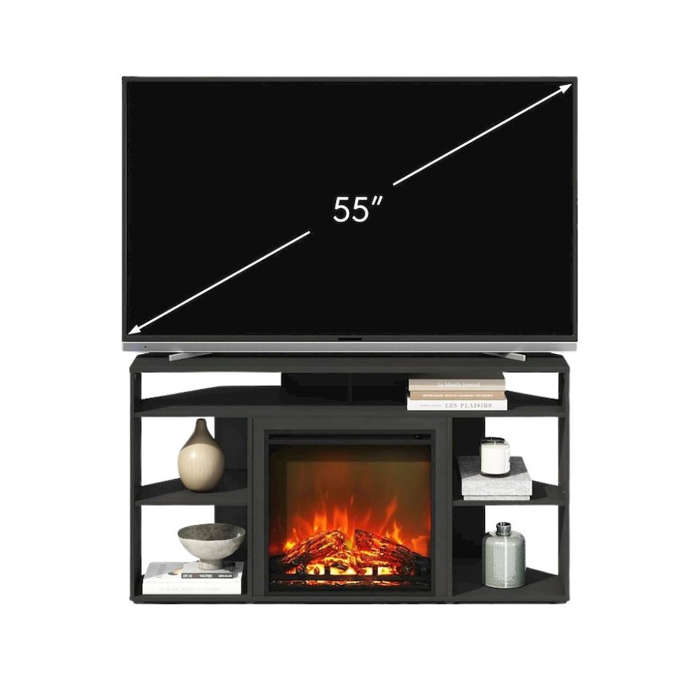Black 55 Inch Fireplace TV Stand with Five Shelves and Electric Flame Display