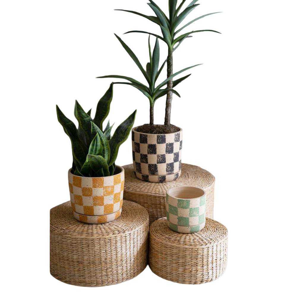 Set Of Three Checkered Clay Planters With Trays