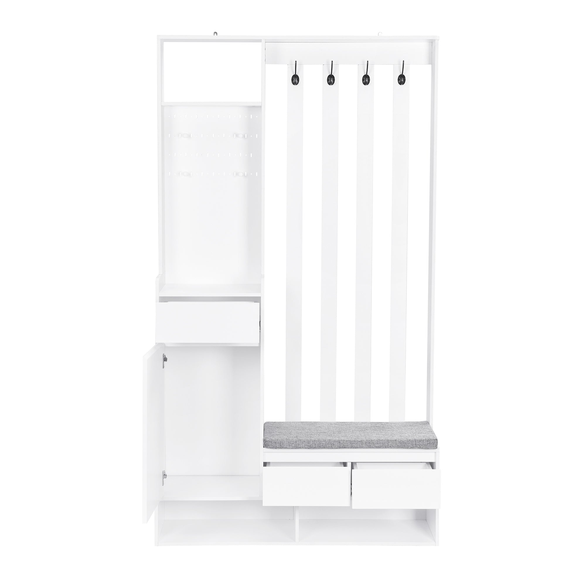 ON-TREND Contemporary 39.3''Wx70.8''H Hall Tree  Storage with Cushioned Storage Bench, Multifunctional Hallway Shoe Cabinet with Pegboard, Modern Coat Rack with 4 Hooks for Entryway, Mudroom, White