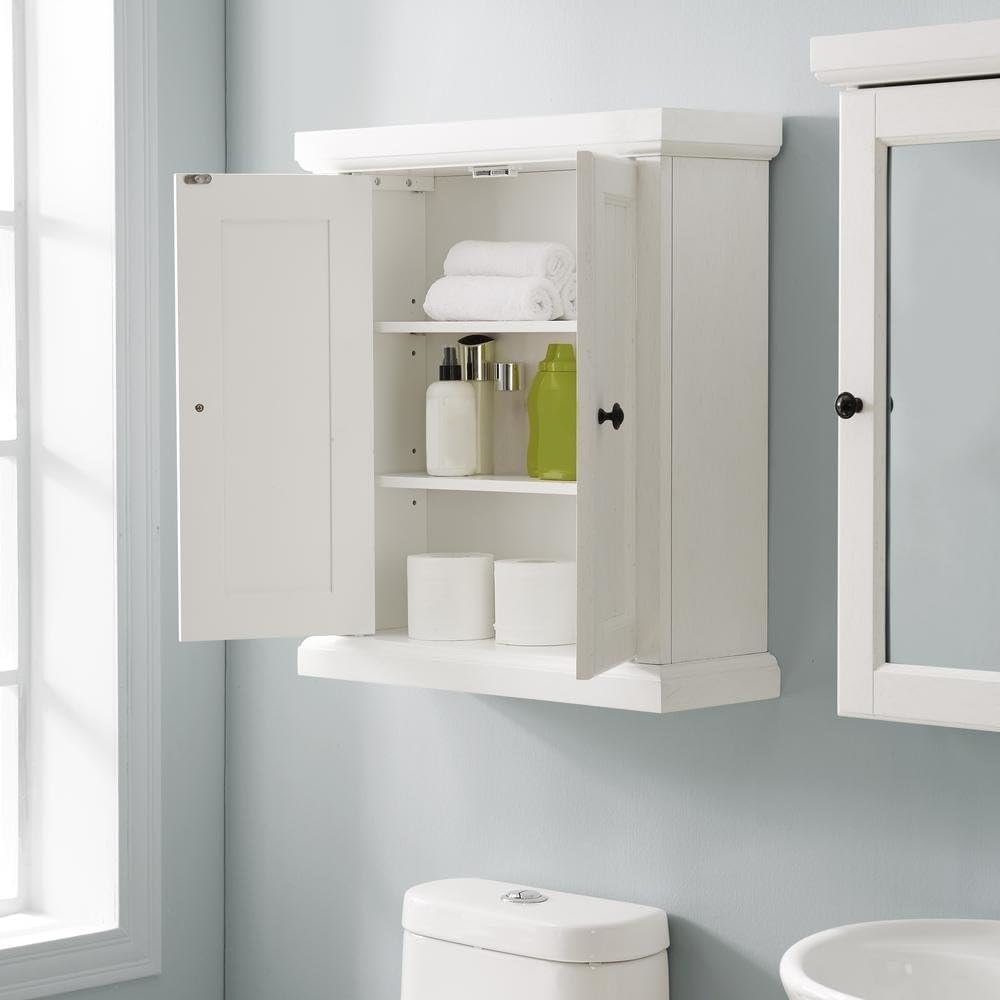 Distressed White Bathroom Wall Cabinet, Anti-Tip Hardware, Durable Construction
