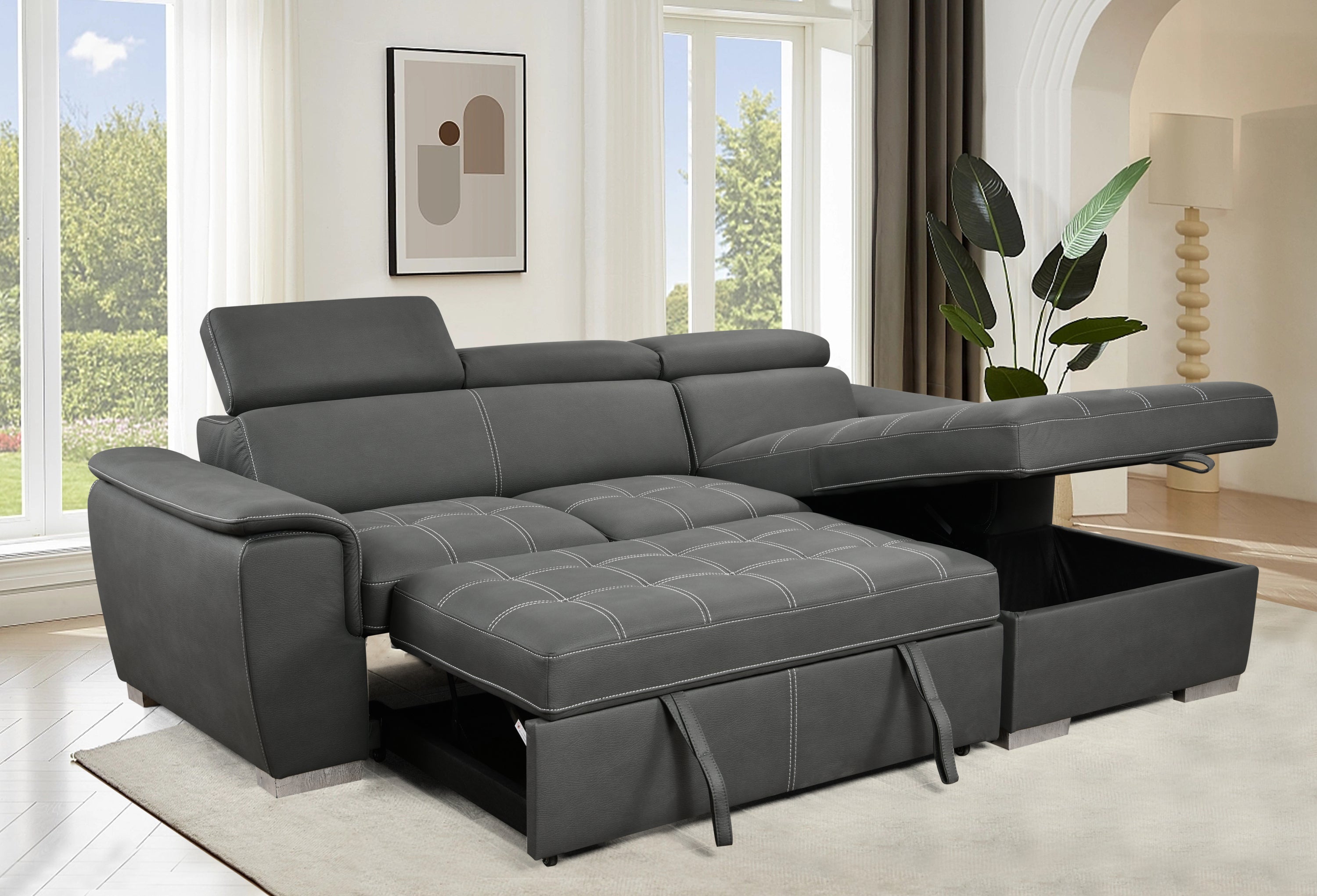 97 inch Convertible Sectional Sofa with Storage Chaise, Adjustable Headrests, Contemporary L-shaped Sleeper Corner Sectional Sofa with a Pull-Out Bed ,Gray