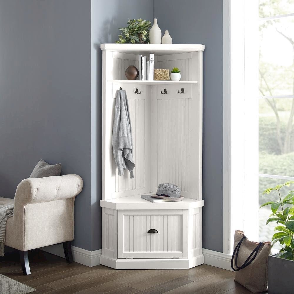 Distressed White Hall Tree with Anti-Tip Hardware and Storage Space