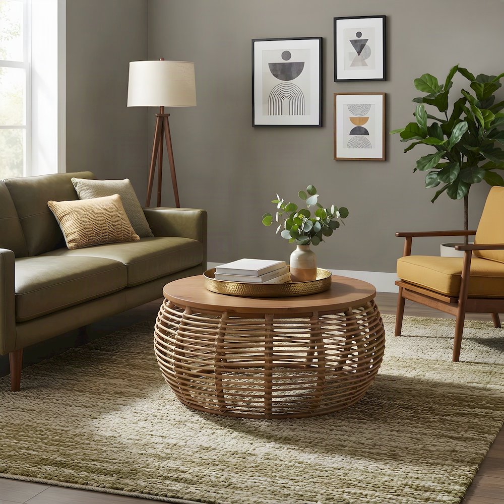 Solid Mindi Wood and Rattan Coffee Table, Fully Assembled Boho Accents, Honey