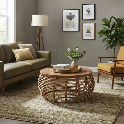 Solid Mindi Wood and Rattan Coffee Table, Fully Assembled Boho Accents, Honey