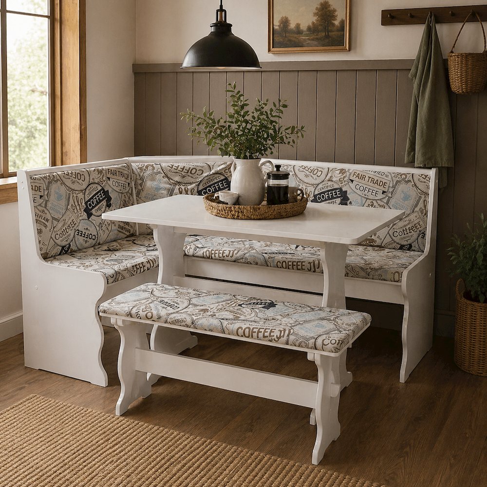 White Pine Dining Nook Set with Cushioned Benches and Corner Seat