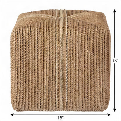 Hand-Woven Abaca Cube Ottoman, Bohemian Eclectic Coastal Accent Pouf, Natural