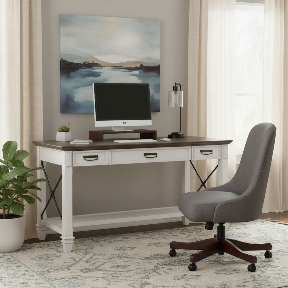 Wood Writing Desk, 3 Utility Drawers, Power Center, Charging Shelf, White