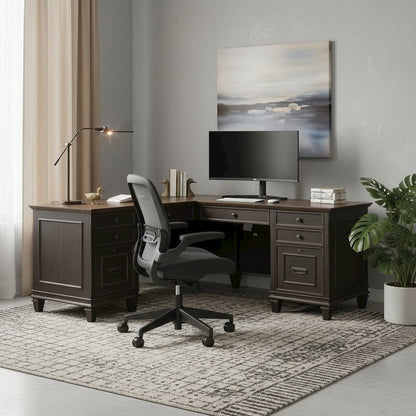 L-Desk & Return, 8 Drawers, Locking File, Brown