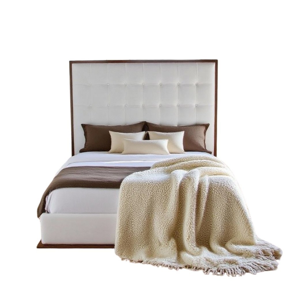White Faux Leather Queen Bed Frame, Low Profile Bed Frame With Walnut Accents