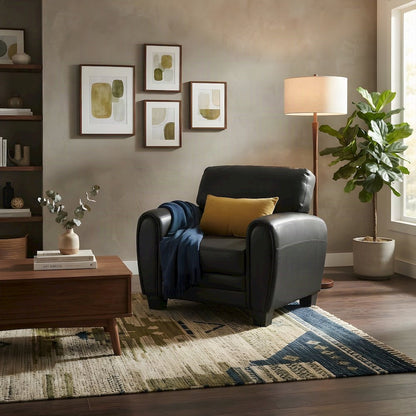 Faux Leather Accent Chair with Padded Seat and Arms for Bedroom, Black