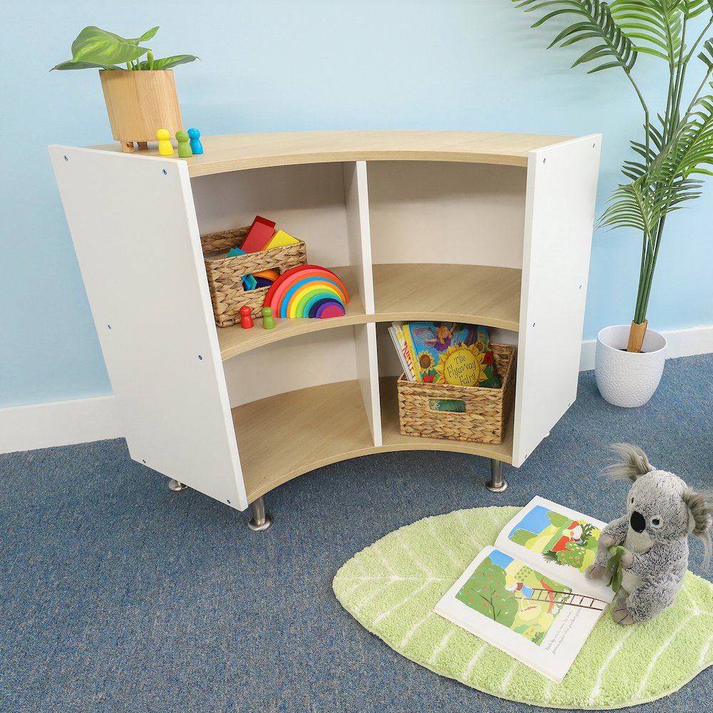 Curve Out Storage Cabinet 33H in Brown and White Color