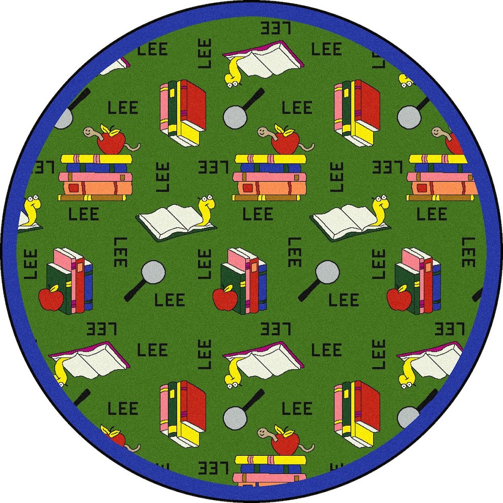 Kid Essentials Bookworm (Spanish) 7'7" Round Area Rug in Color Green