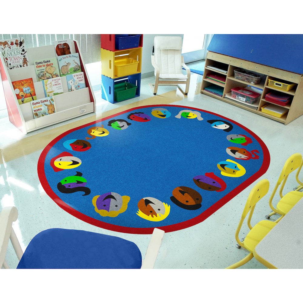 Kid Essentials Joyful Faces 7'8" x 10'9" Oval Area Rug in Color Blue